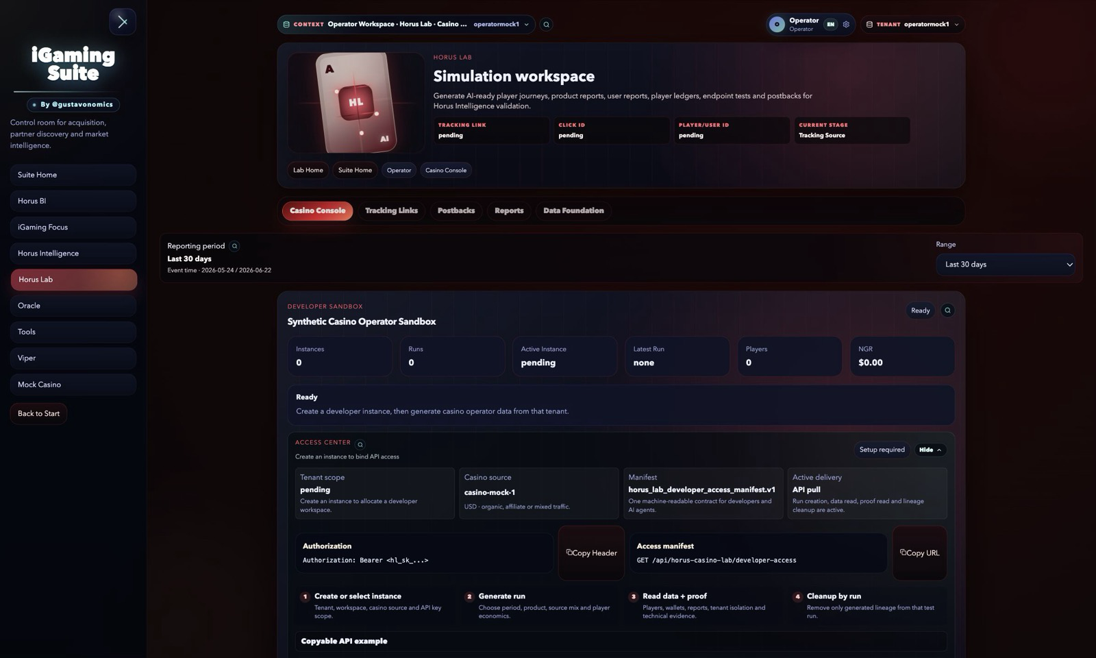 Horus Lab simulation workspace screenshot with synthetic casino data sandbox, API manifest, generated run and proof workflow.